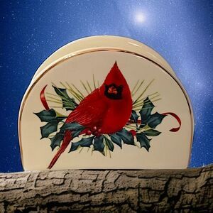 Lenox Winter Greetings Napkin Holder NEW Cardinal Porcelain Gold Trim Christmas